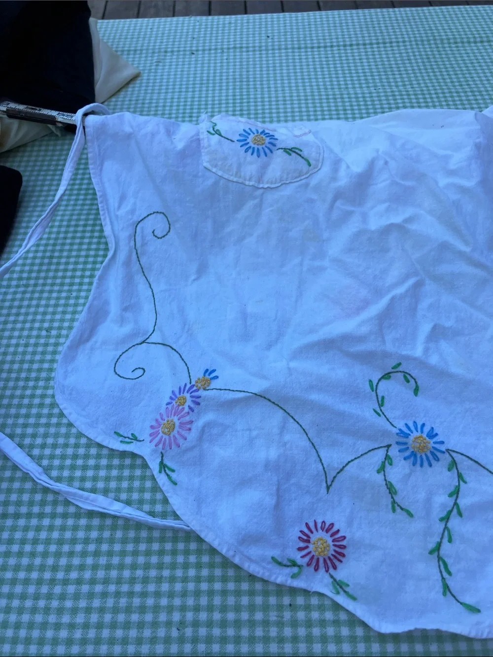 Vintage cotton hand, embroidered apron white with flowers